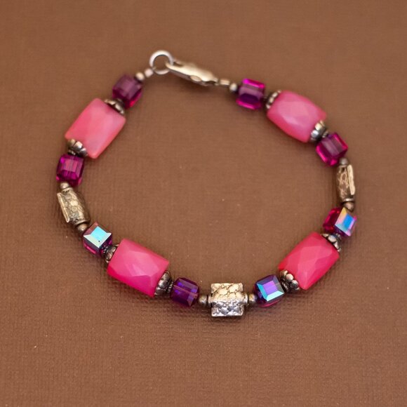 7 inch, Vintage Pink Beads Sterling Silver Beaded Bracelet - U30 - Picture 1 of 3